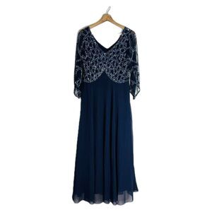 JKara Dress Womens 10P Navy Blue Sequin Beaded Gown Evening Formal Mesh Overlay
